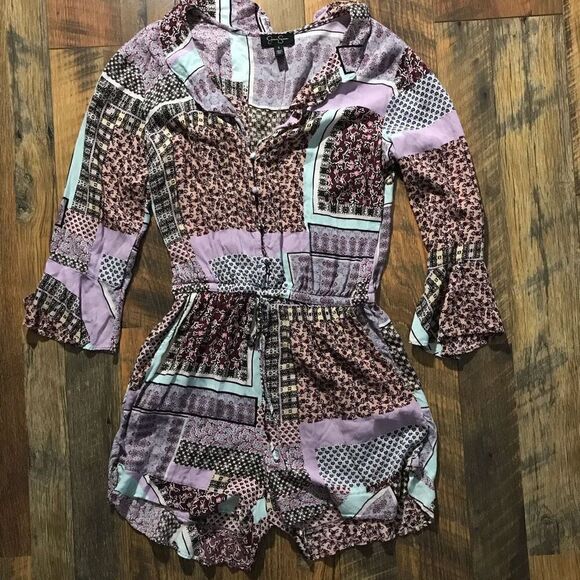 Jessica Simpson shortall jumpsuit SZ small purple pink patchwork ruffle 1pc - Picture 4 of 7